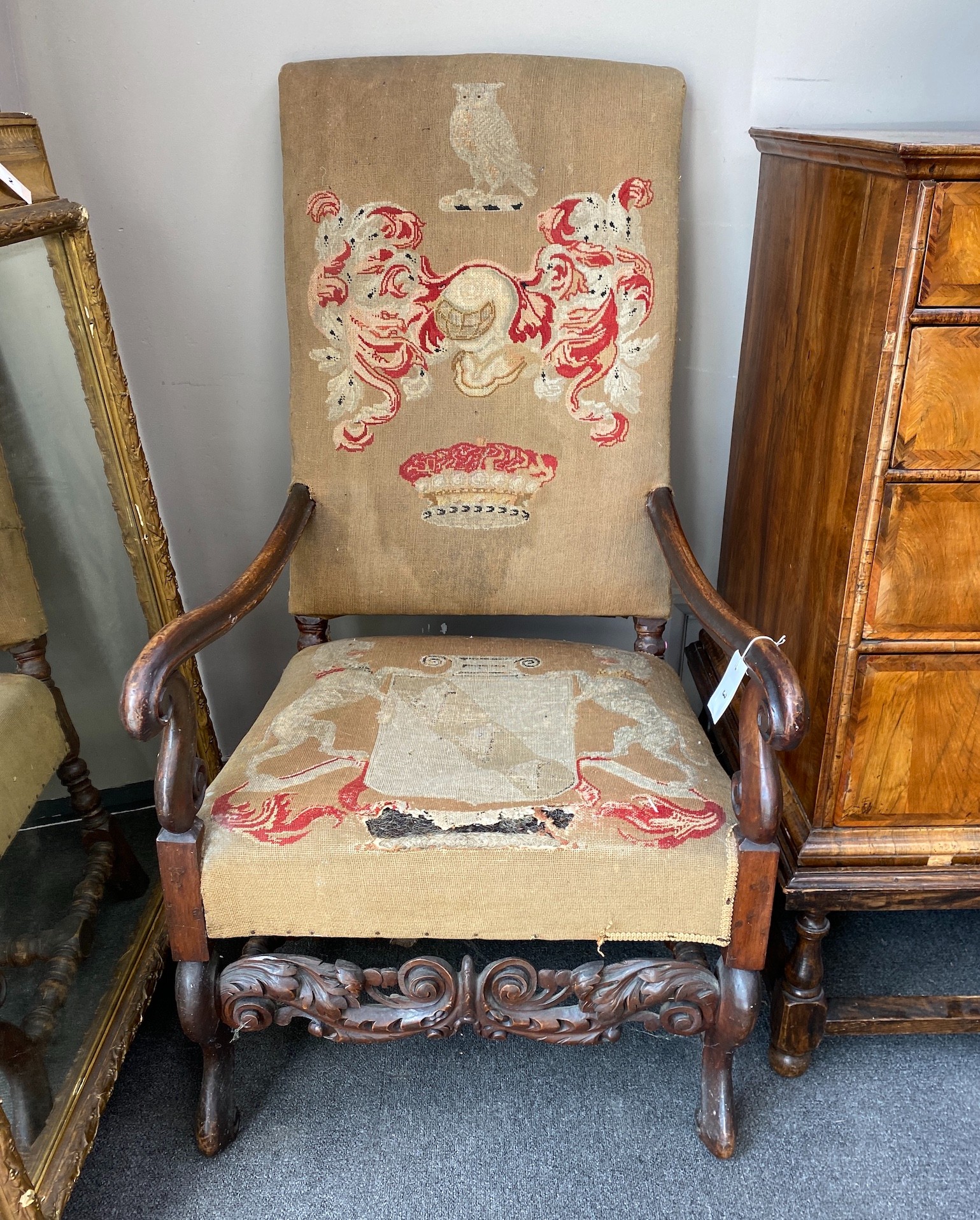 A pair of Carolean style walnut armchairs, width 61cm, depth 83cm, height 116cm